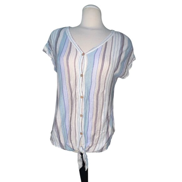Rachel Zoe 100% Linen Striped V-Neck Button-Front Tie-Hem Top Size Medium Womens - Picture 1 of 9